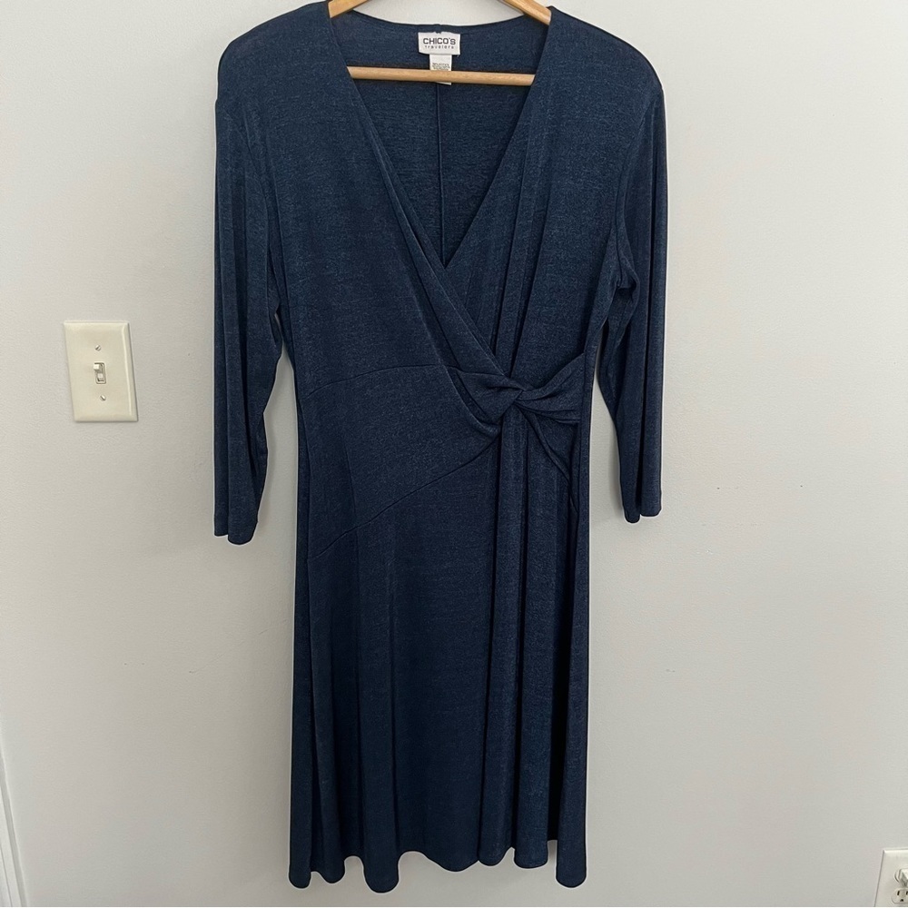 Chico’s Travelers Womens Faux Wrap Dress Size L Heathered Navy 3/4 Sleeve
